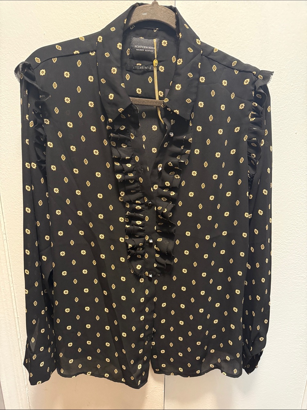 Scotch & Soda Black Blouse with Yellow Dot Ruffle Detail